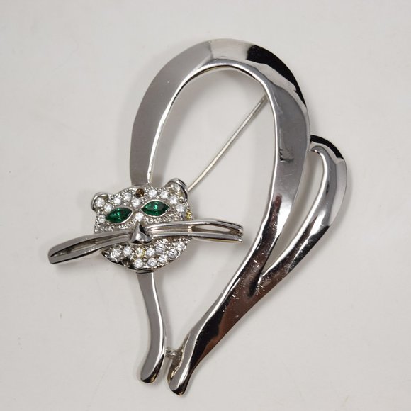 Vintage Cat Brooch Pin Silvertone Rhinestones Modernist Kitty Kitten Shiny - Picture 1 of 12